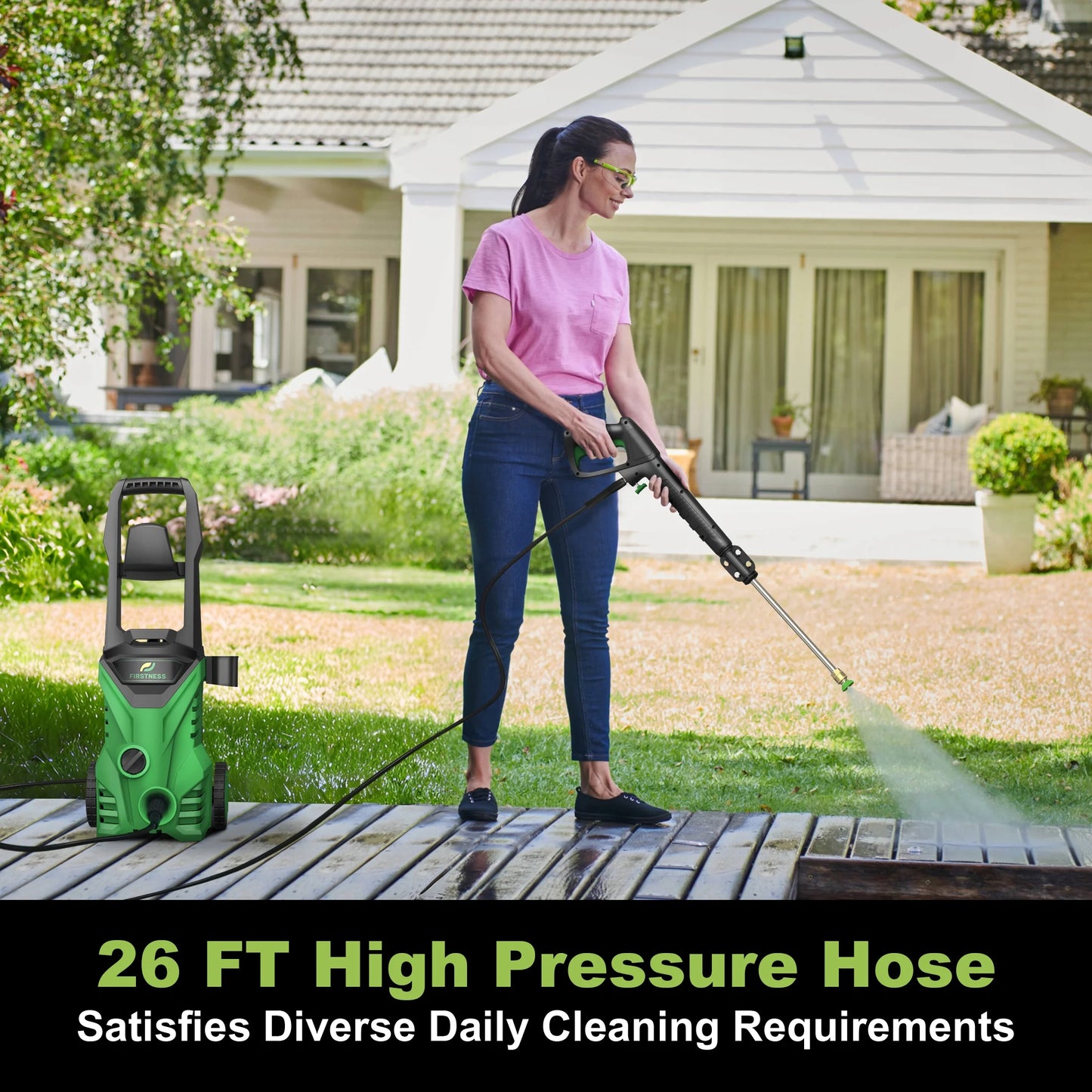 Firstness Pressure Washer 3500 PSI, Electric Power Washer w/26 ft Hose, 4 Quick Connect Nozzles, High Pressure Cleaning Machine with Foam Cannon, Portable to Clean Patios, Cars, Fences, Driveways