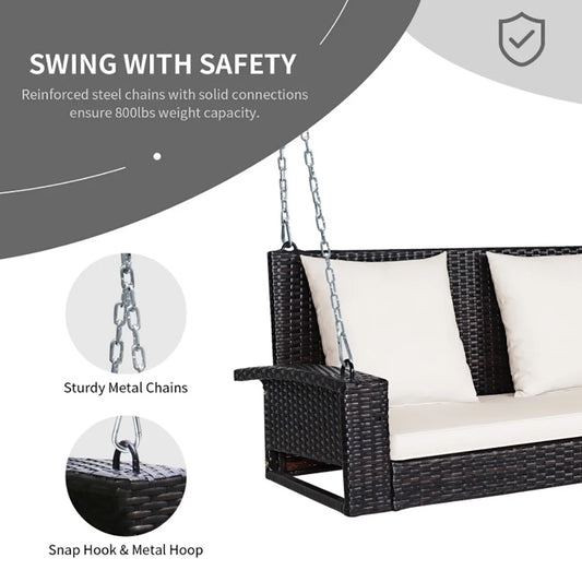 Topcobe 2-Person Patio Rattan Porch Swing with Cushions, Outdoor Patio Furniture, White