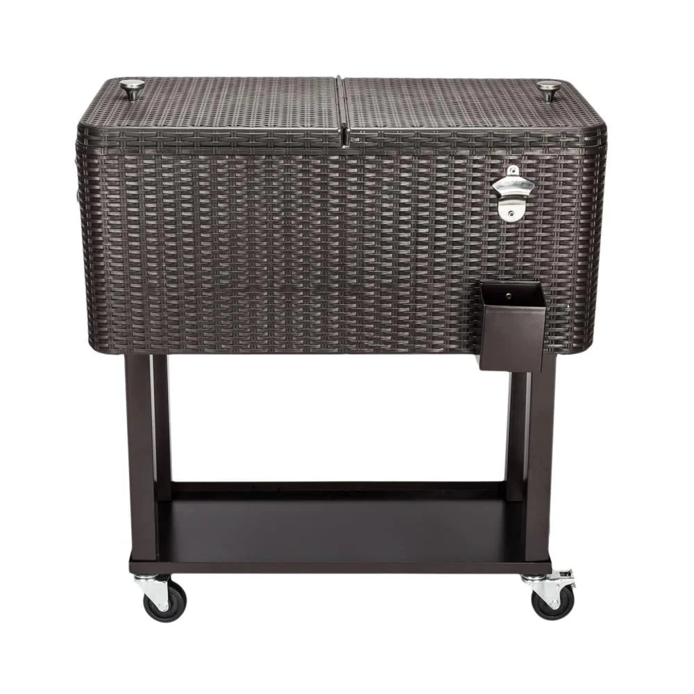 GoDecor 80 Quart Rattan Patio Rolling Cooler with Shelf Cooling Cart