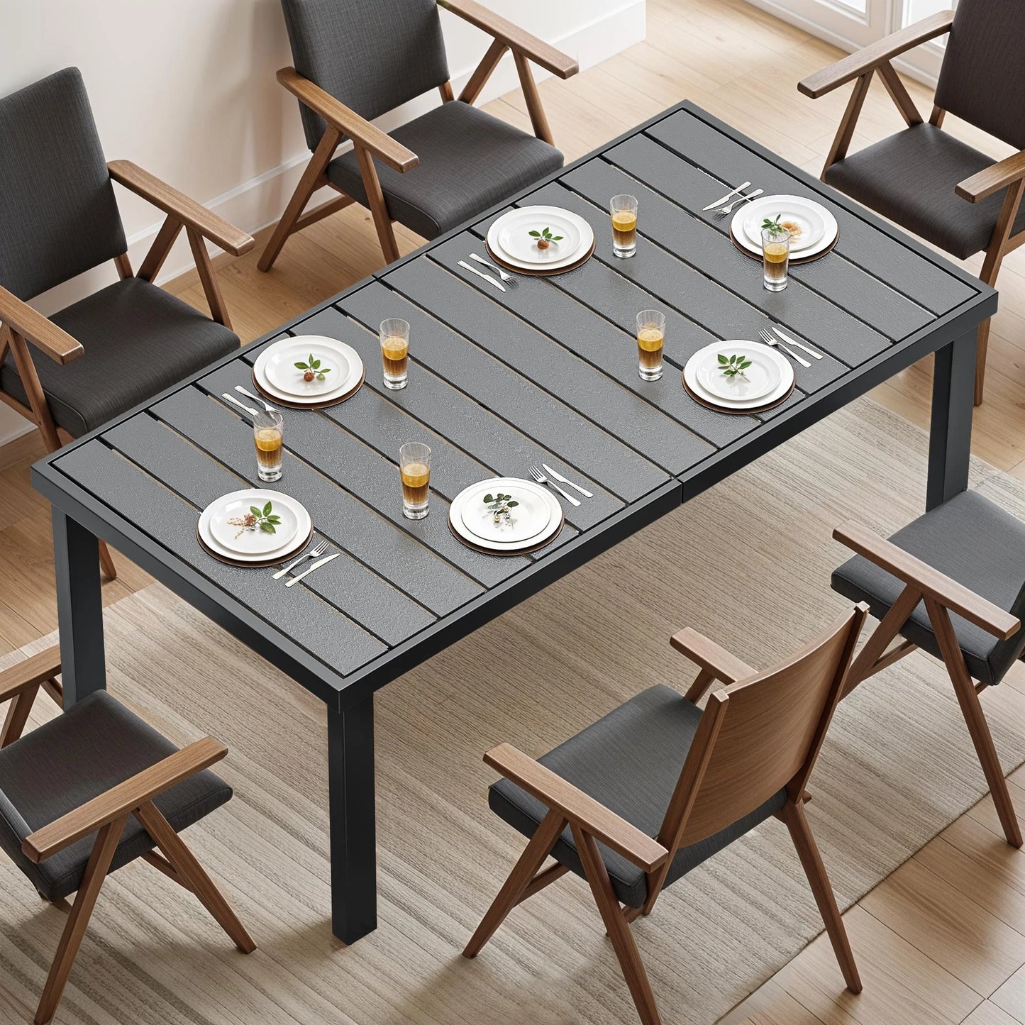 ModFusion 6-Person Aluminum Patio Dining Table with Composite Wood Slat Top, Weather-Resistant Outdoor Table for Garden, Porch & Backyard Black