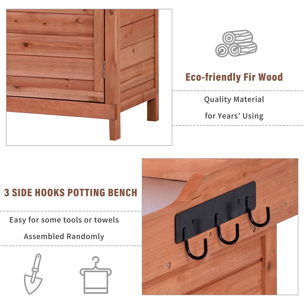 Potting Bench Table, Wooden Patio Workstation Storage Cabinet Garden Shed with 2-Tier Shelves & Side Hook, Outdoor Potting Bench Work Bench for Backyard Courtyards, 39''Lx19.1''Wx37.4''H, Orange