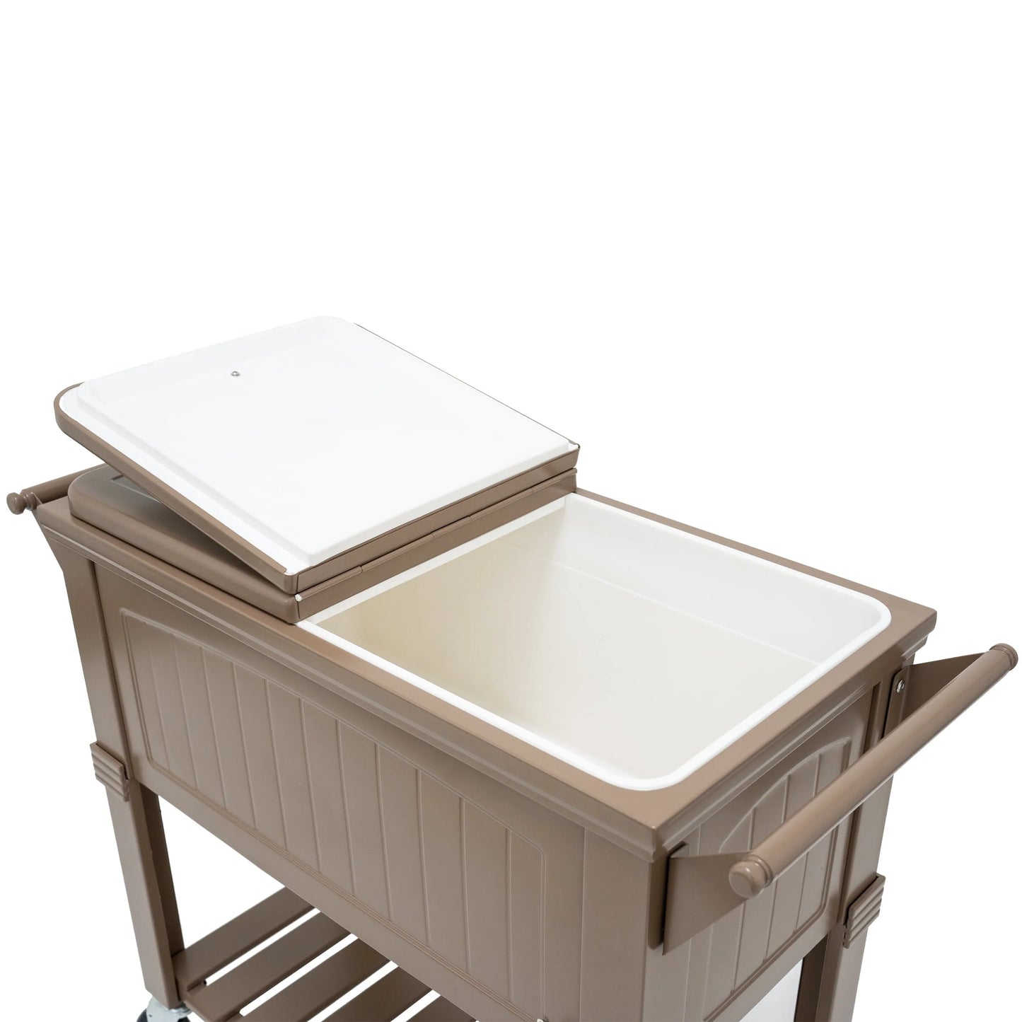 Permasteel 80-Qt Antique Outdoor Steel Patio Cooler on Wheels, Rolling Cooler Cart, Wooden Teak Style, Taupe