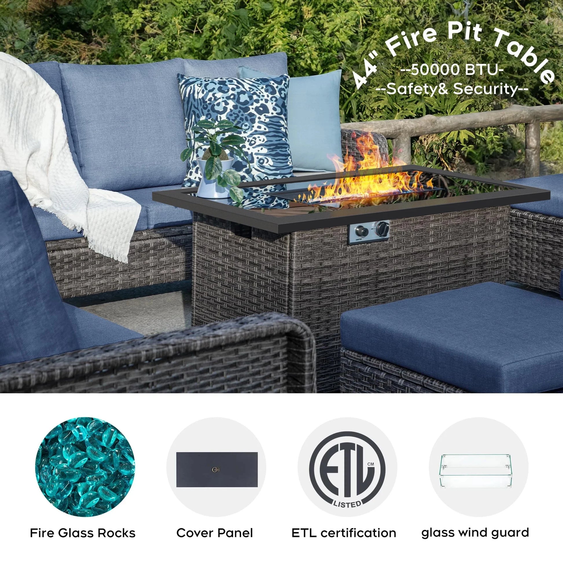 Brafab 7 Seat Outdoor Patio Furniture Set with 44" Gas Fire Pit Table, PE Wicker Patio Conversation Sets Cushioned Seat Couch Outdoor Sectional Chair Sofa Set for Yard Garden Porch