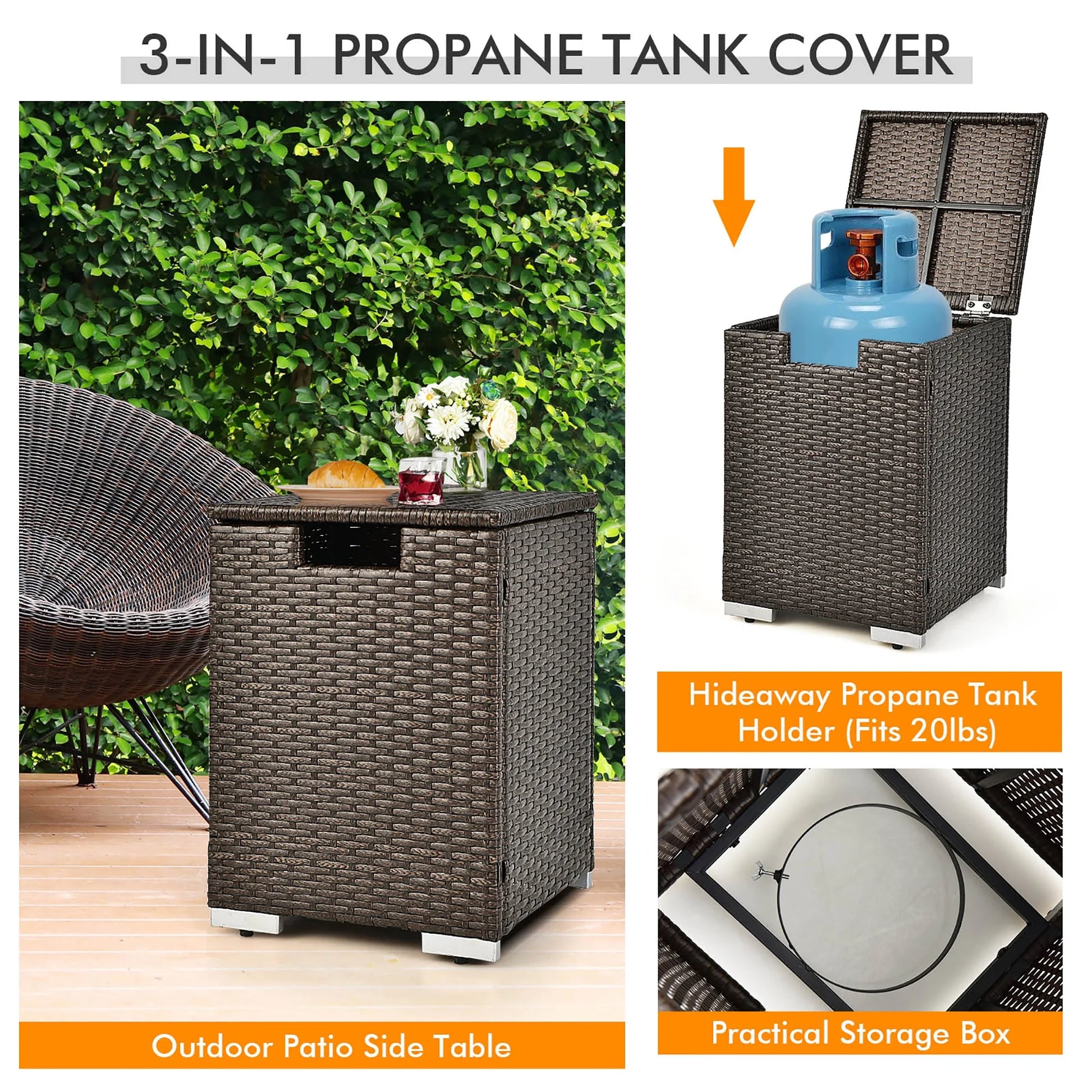 Costway 8PCS Patio Rattan Furniture Set Fire Pit Table Tank Holder Cover Deck Black