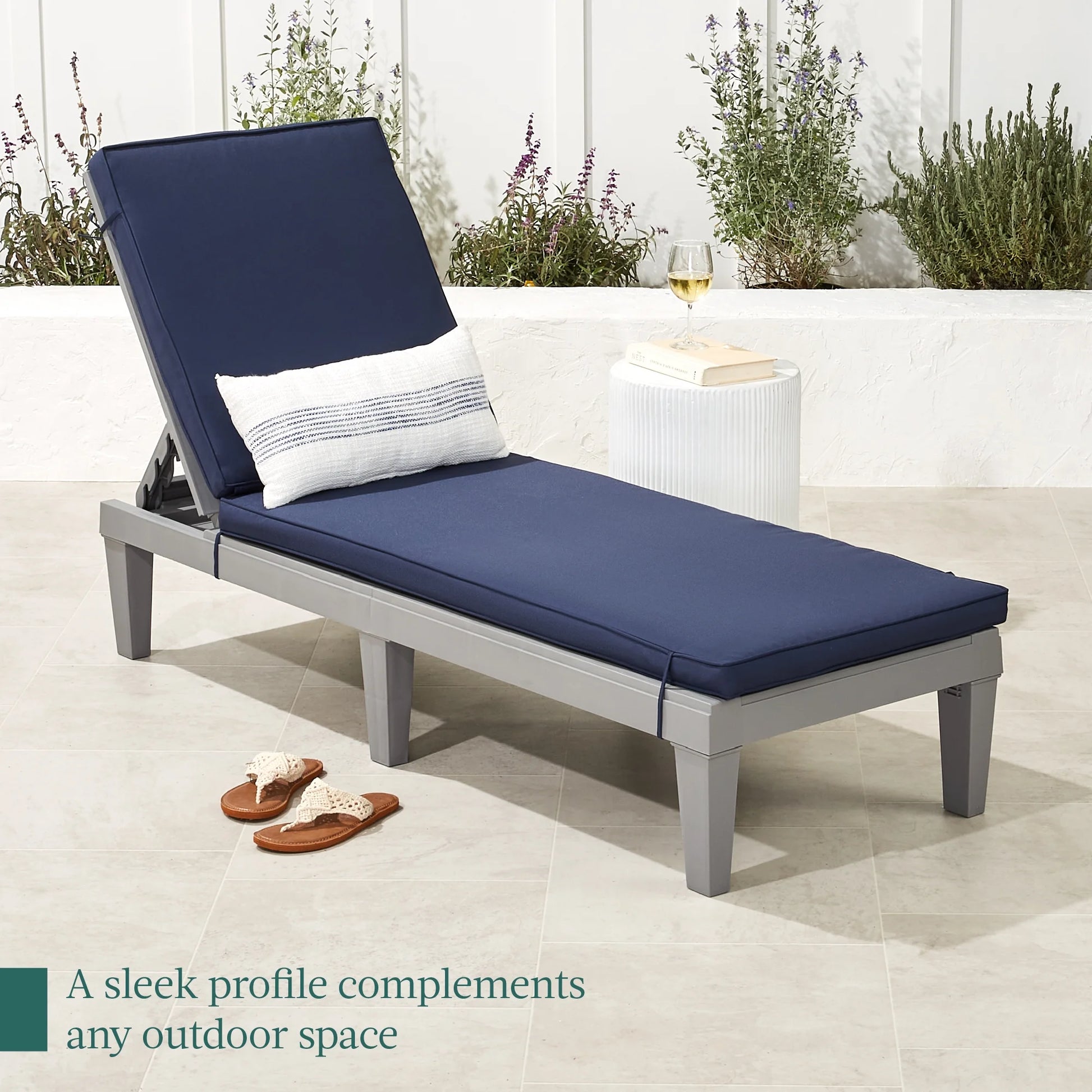 Best Choice Products Outdoor Lounge Chair, Resin Patio Chaise Lounger w/Seat Cushion, 5 Positions - Gray/Navy
