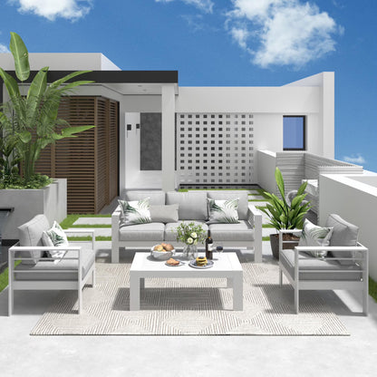 CozyHom 5 Pcs Outdoor Patio Aluminum Furniture Sofa Sets, Outside Patio Conversation Couch Sets With Table& Cushions for Garden Porch, Gray