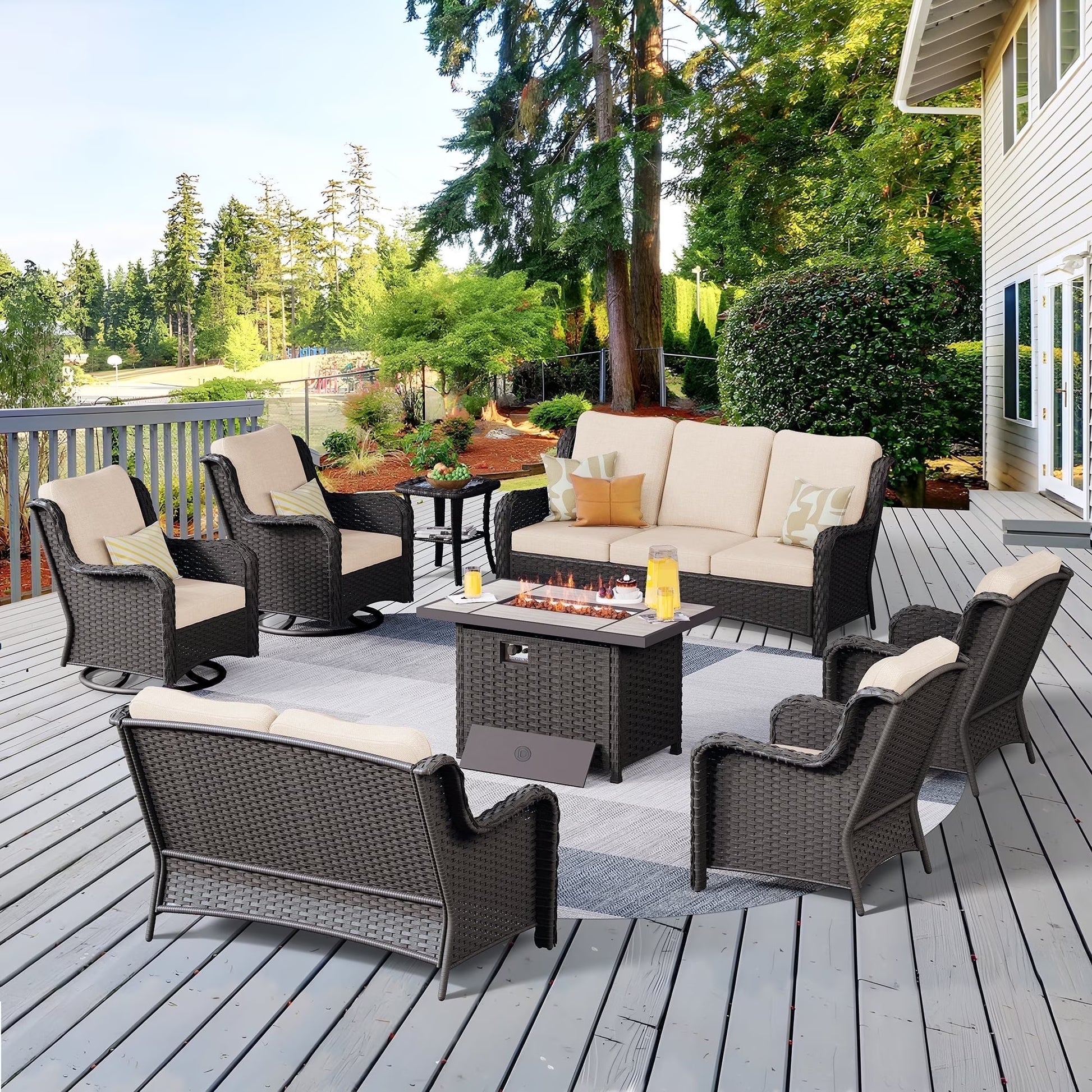 Vcatnet 8 Pieces Outdoor Patio Furniture Sectional Sofa All-weather Conversation Set with Swivel Rocking Chairs and Fire Pit Table for Garden,Poolside,Gray