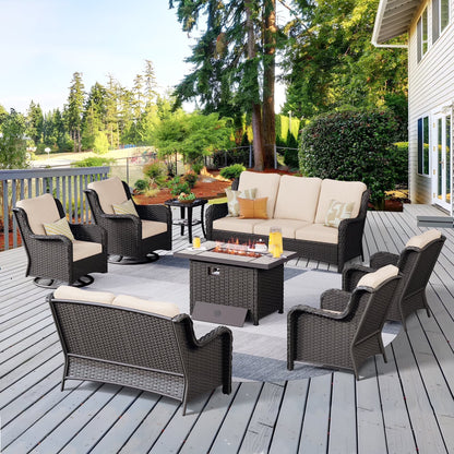 Vcatnet 8 Pieces Outdoor Patio Furniture Sectional Sofa All-weather Conversation Set with Swivel Rocking Chairs and Fire Pit Table for Garden,Poolside,Gray