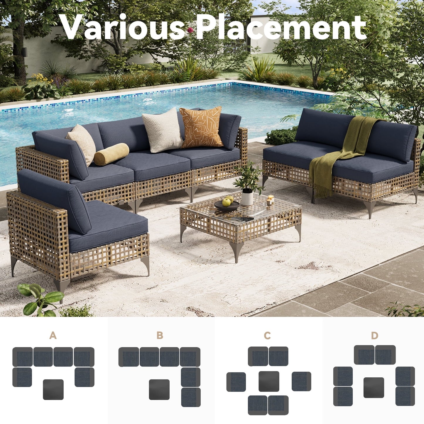 YODOLLA 7-Piece Patio Furniture Set with Tea Table, Rattan Wicker Outdoor Sectional Furniture Sofa Conversation Set, Dark Brown Rattan& Dark Grey Cushions