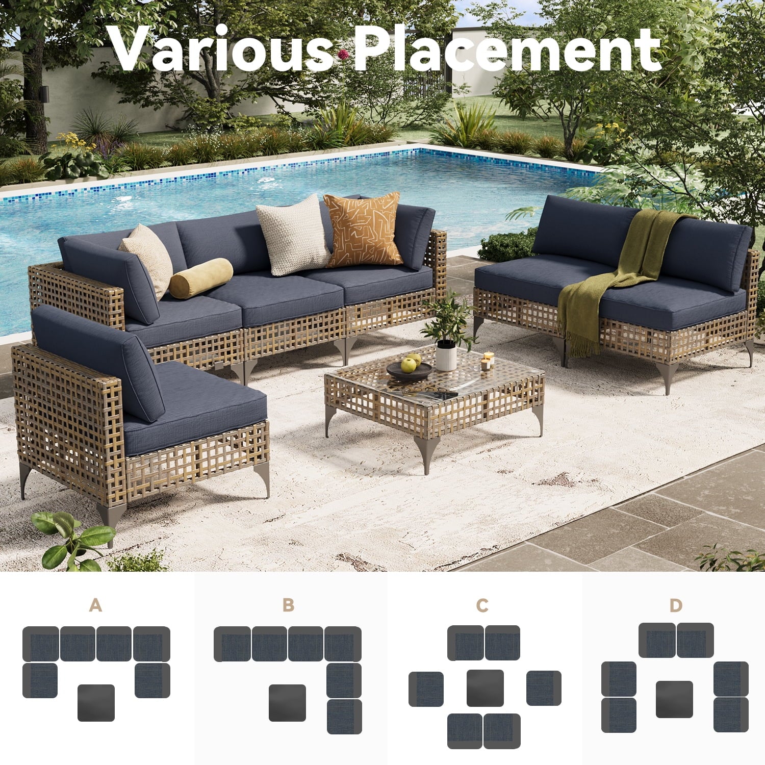 YODOLLA 7-Piece Patio Furniture Set with Tea Table, Rattan Wicker Outdoor Sectional Furniture Sofa Conversation Set, Dark Brown Rattan& Dark Grey Cushions