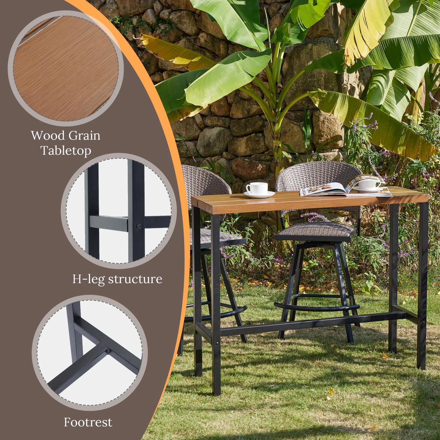 Vicllax Patio Rectangle Bar Table Metal Modern Style for Porch Garden (45.3"Lx13.8"Wx37.4"H)