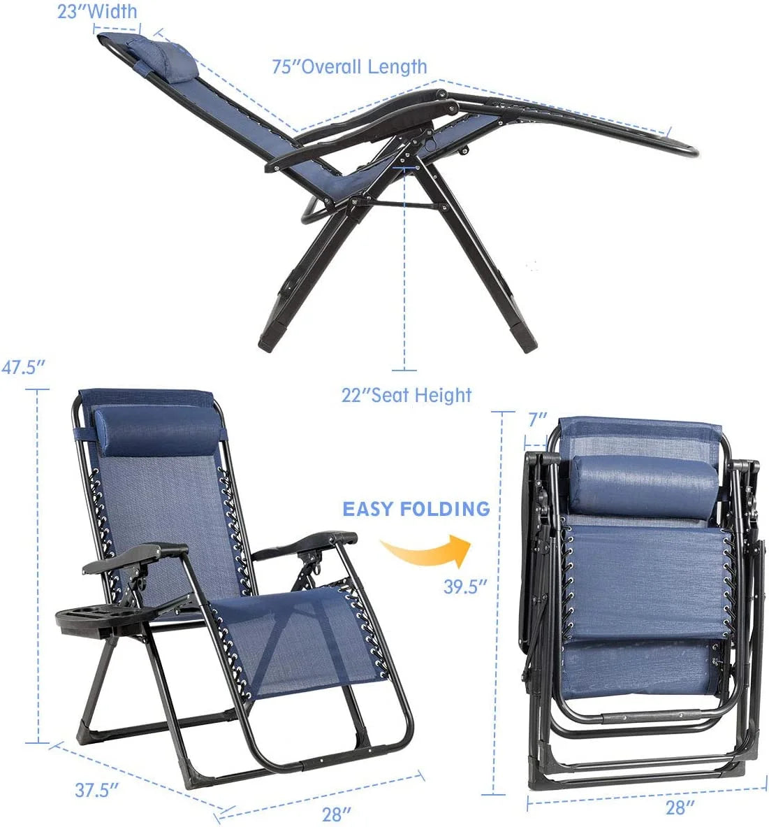 S AFSTAR Chair, Oversized Outdoor Lounge Chair with Cup Holder & Detachable Pillow, Folding Patio Recliner, Lawn Chair for Poolside Backyard Beach, Support 500 Lbs (Navy)
