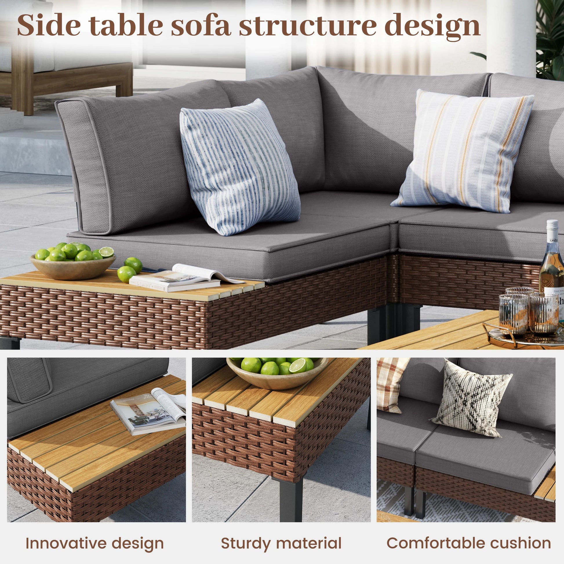 MRUAKA L Shaped Conversation Sectional Sofa Set with Coffee Table, 5 Pieces Patio Furniture Seating Group with Side Table for Backyard Garden, Beige Grey