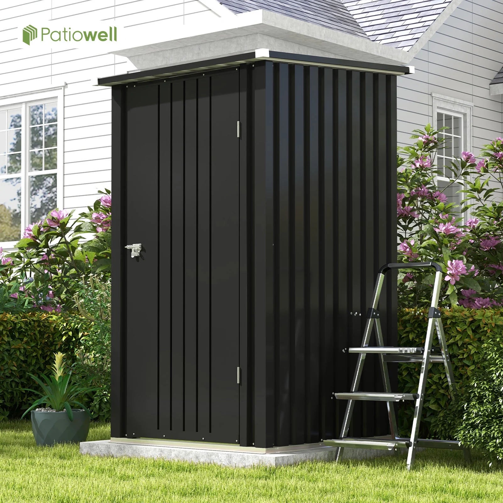 Patiowell 3?3FT Metal Outdoor Storage Shed with Sloping Roof and Single Lockable Door, Black