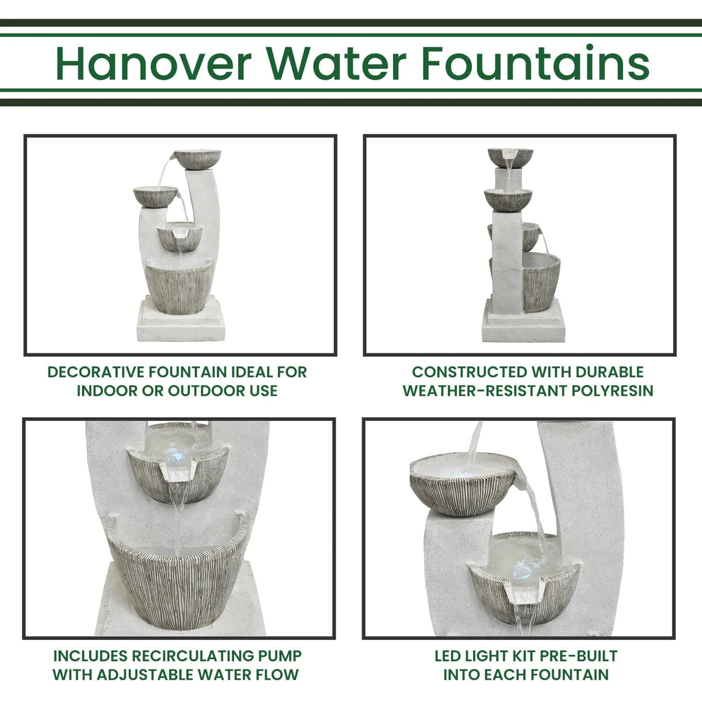 Hanover 32.5-In. Contemporary Basin Indoor or Outdoor Garden Fountain with LED Lights for Patio, Deck, Porch, HAN033FNTN-01
