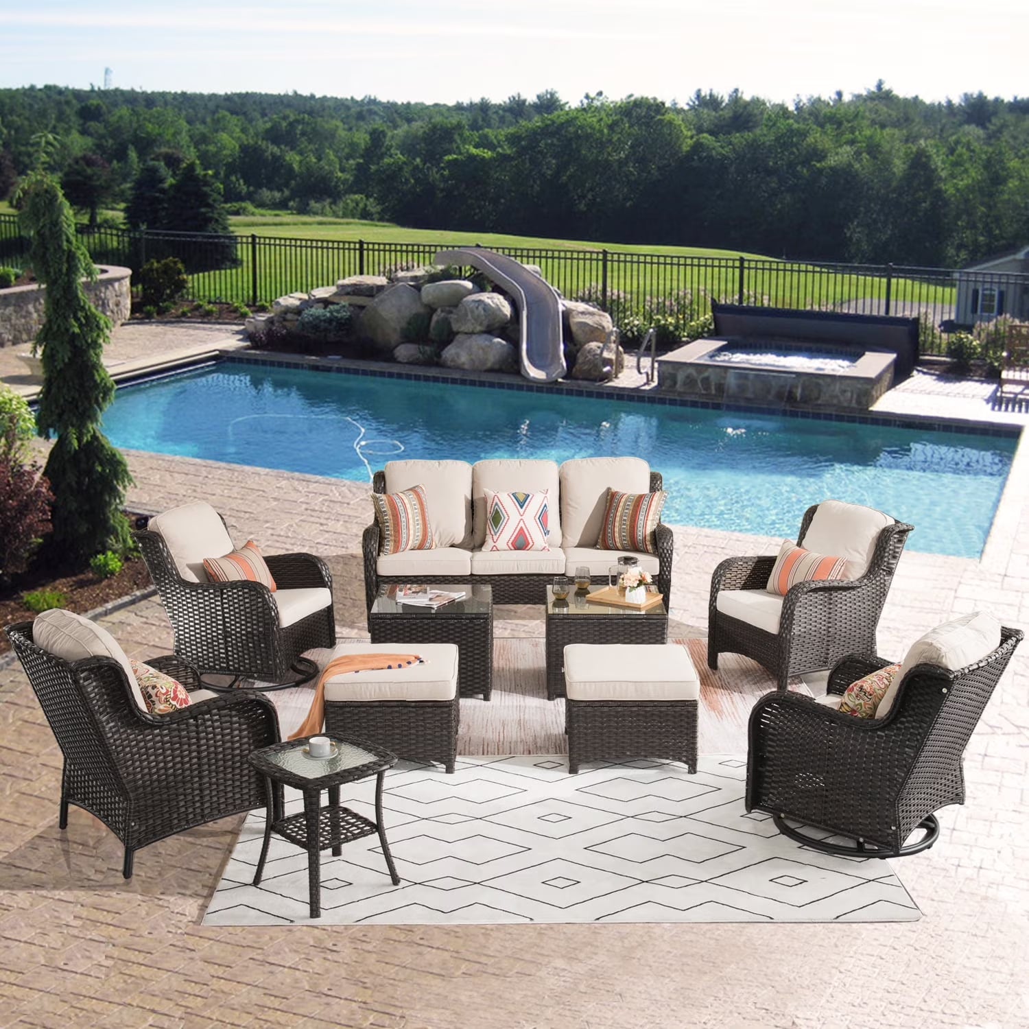 Ovios 10 Pieces Outdoor Patio Furniture Set All Weather Wicker Conversation Set Outdoor Sectional Sofa Couch with 360 Degree Swivel Rocking Chairs for Balcony