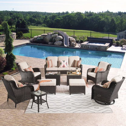 Ovios 10 Pieces Outdoor Patio Furniture Set All Weather Wicker Conversation Set Outdoor Sectional Sofa Couch with 360 Degree Swivel Rocking Chairs for Balcony