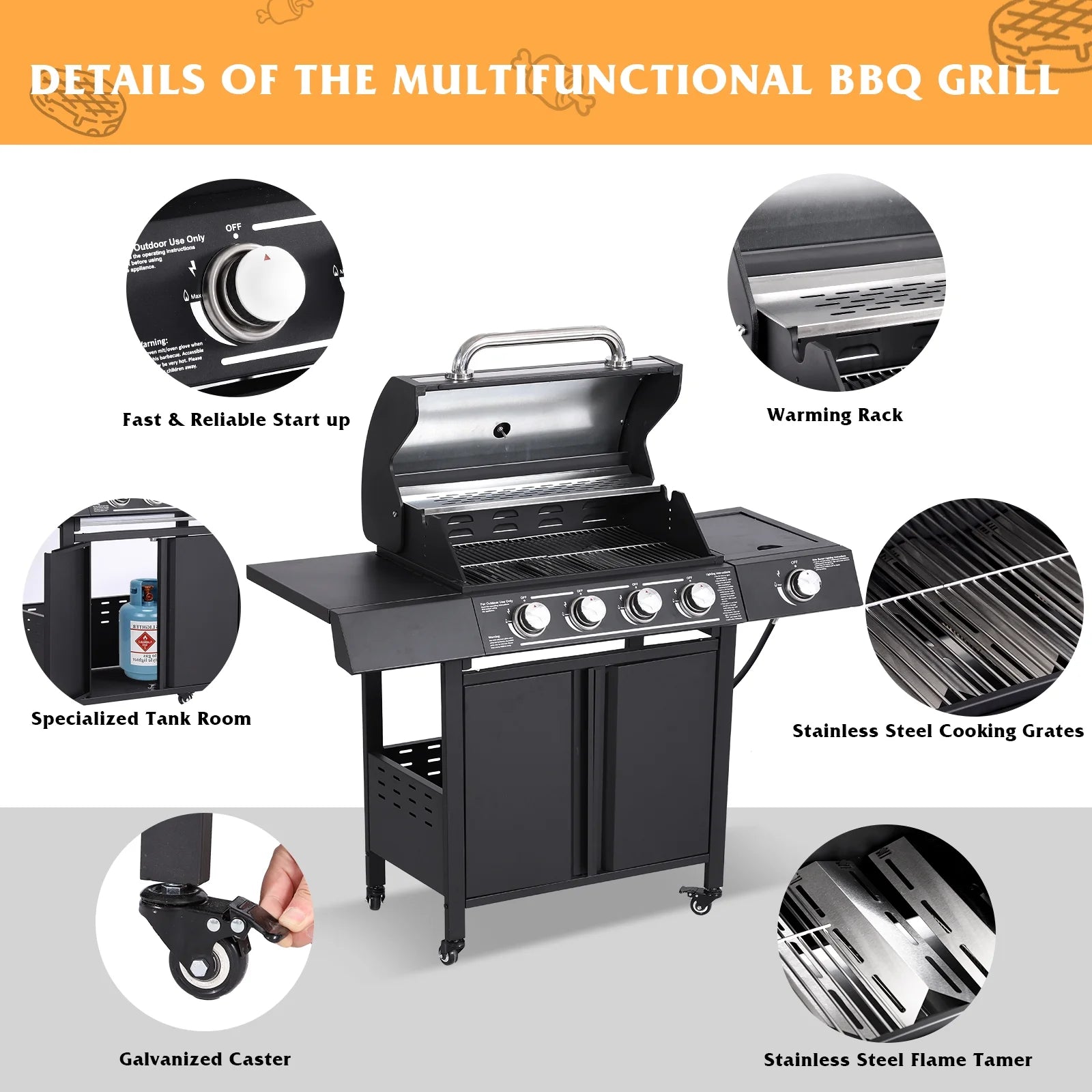 Haverchair 4-Burner Gas Grill Propane with Side Burner 50,000 BTU Outdoor BBQ Propane Gas Grill Cart Barbecue Grill for Patio Garden Picnic Backyard Cooking Camping,Black