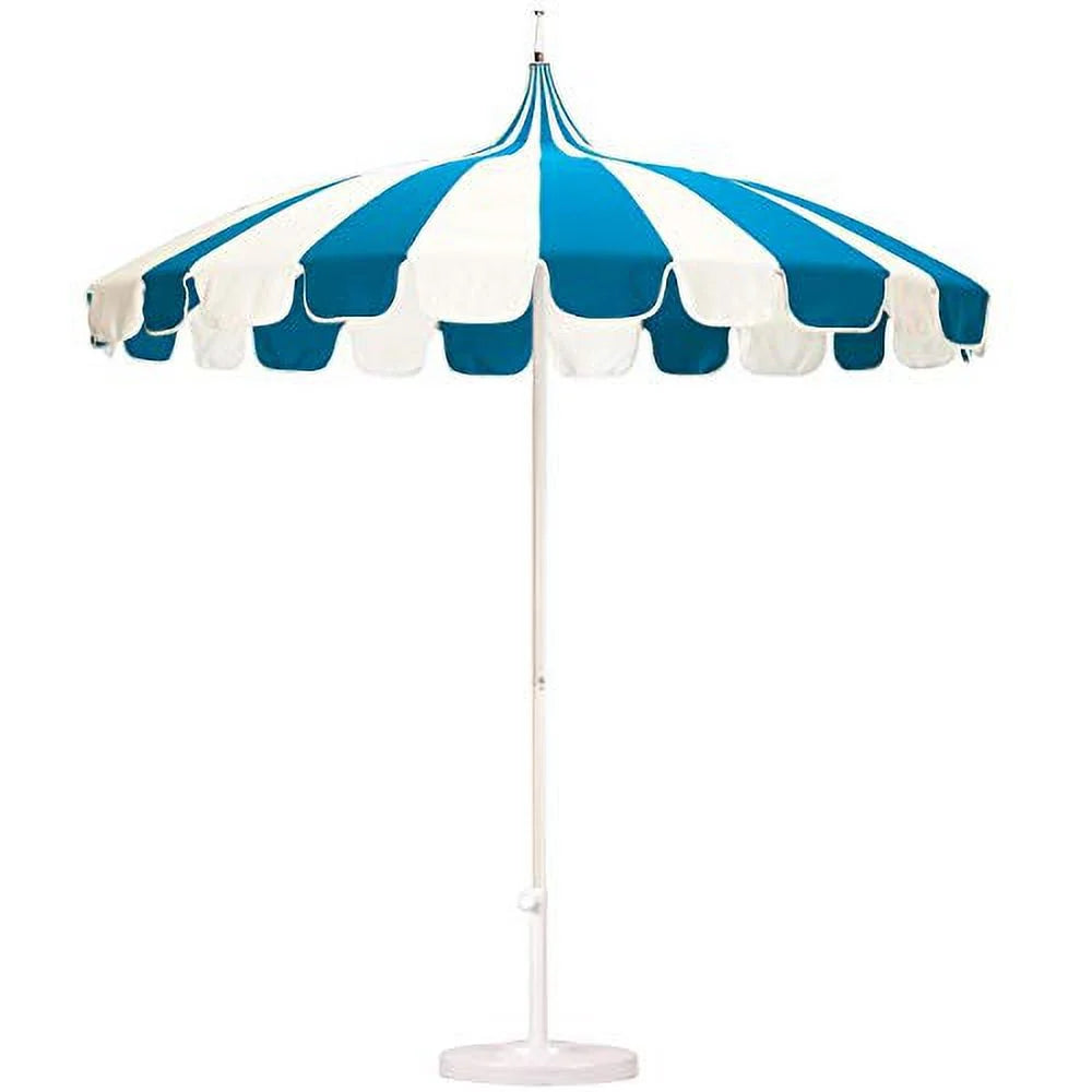 California Umbrella Pagoda Series 8.5 Ft Round Aluminum Pagoda Patio Umbrella W/Push Lift & Steel Wire Ribs - White Frame/Sunbrella Pacific Blue Stripe Canopy