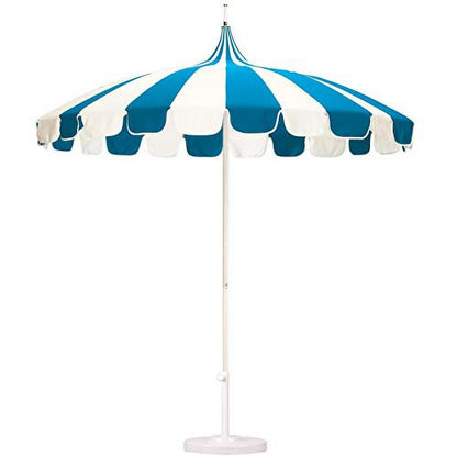 California Umbrella Pagoda Series 8.5 Ft Round Aluminum Pagoda Patio Umbrella W/Push Lift & Steel Wire Ribs - White Frame/Sunbrella Pacific Blue Stripe Canopy