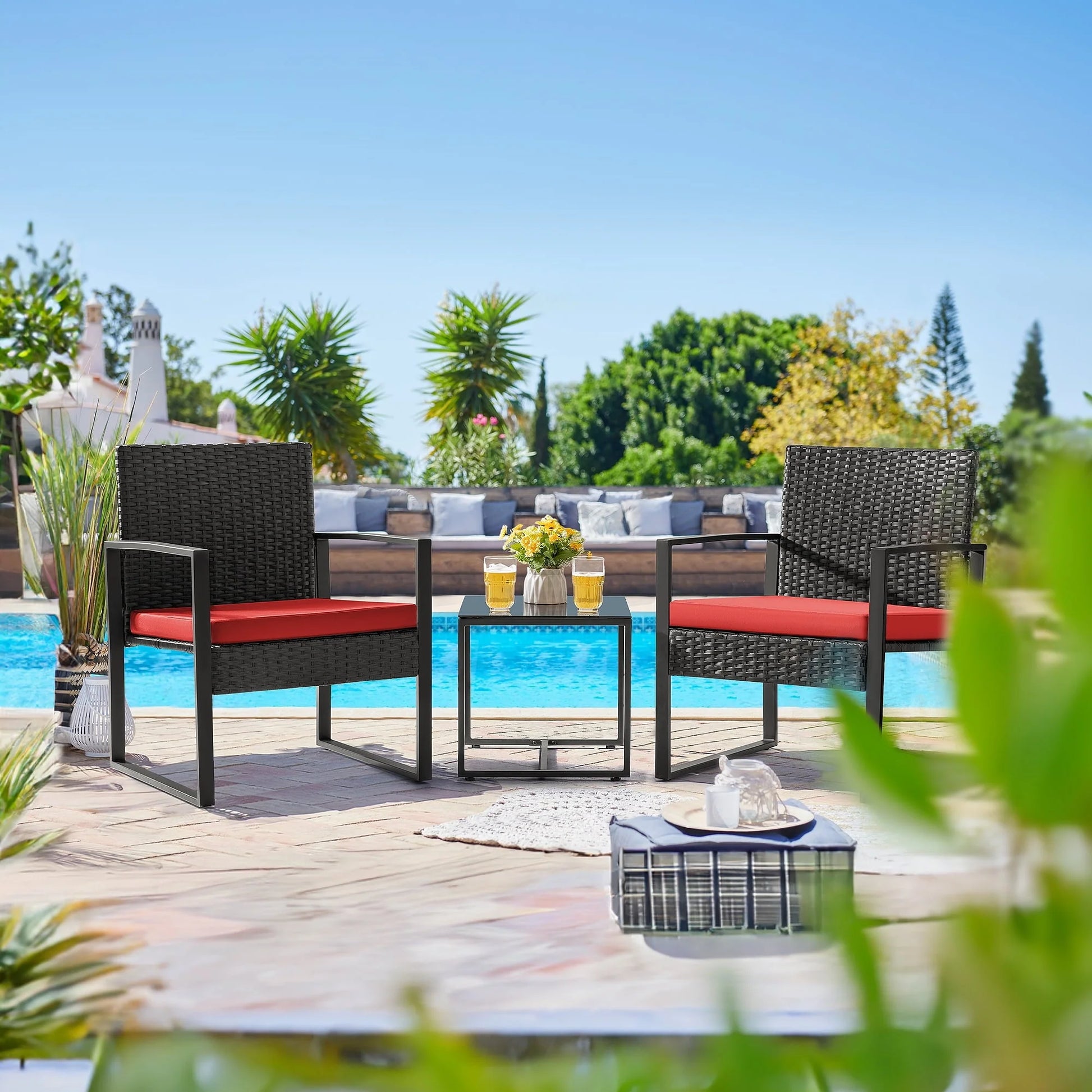 Lacoo 3 Pieces Patio Indoor Conversation Set Cushioned PE Rattan Bistro Chairs Set of 2 with Coffee Table, Black/Red