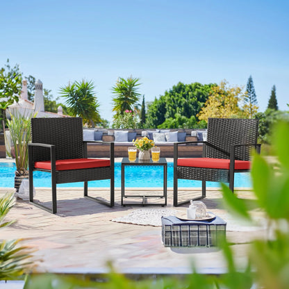 Lacoo 3 Pieces Patio Indoor Conversation Set Cushioned PE Rattan Bistro Chairs Set of 2 with Coffee Table, Black/Red