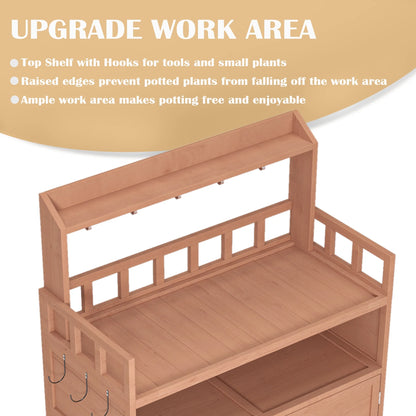GUTALOR Outdoor Potting Bench Table, Wooden Garden Planting Workstation with Large Storage Cabinet & Top Shelf for Gardening, Patio, or Backyard Use
