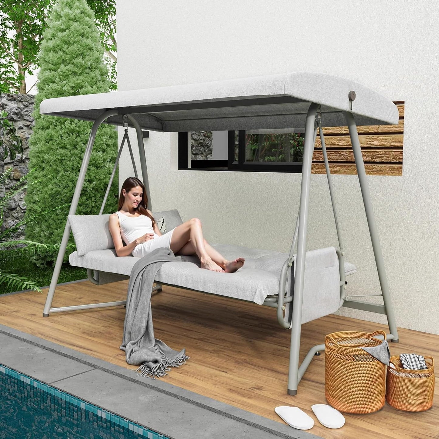 CHINNLUU Oversized 4 Person Porch Swing with Stand 800 LBS Capacity Adjustable Canopy Backrest Includes Cushions Pillows Patio 2 in 1 Swing Bed for Backyard Garden Poolside, Champagne