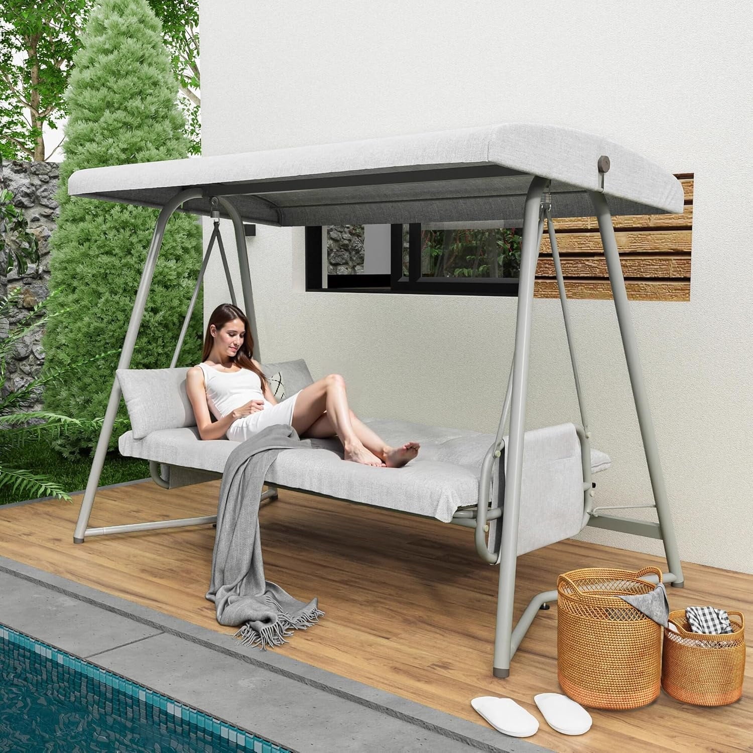 CHINNLUU Oversized 4 Person Porch Swing with Stand 800 LBS Capacity Adjustable Canopy Backrest Includes Cushions Pillows Patio 2 in 1 Swing Bed for Backyard Garden Poolside, Champagne