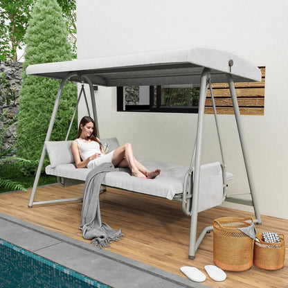 CHINNLUU Oversized 4 Person Porch Swing with Stand 800 LBS Capacity Adjustable Canopy Backrest Includes Cushions Pillows Patio 2 in 1 Swing Bed for Backyard Garden Poolside, Champagne