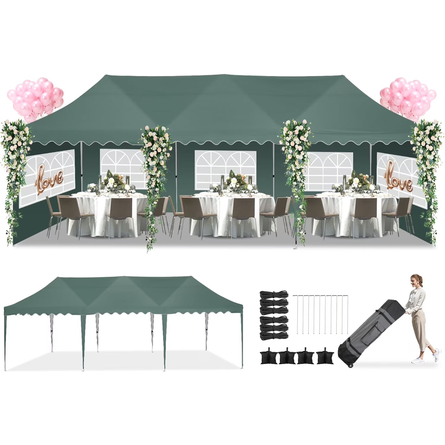 HOTEEL 10x20 Pop up Canopy Tents with Removeble Sidewalls,Outdoor Gazebo with Wheeled Bag & 4 Sandbags,for Patio,Wedding,Backyard,Camping,Parties,Event,Black