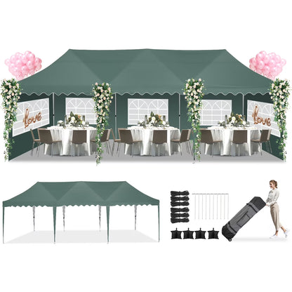 HOTEEL 10x20 Pop up Canopy Tents with Removeble Sidewalls,Outdoor Gazebo with Wheeled Bag & 4 Sandbags,for Patio,Wedding,Backyard,Camping,Parties,Event,Black