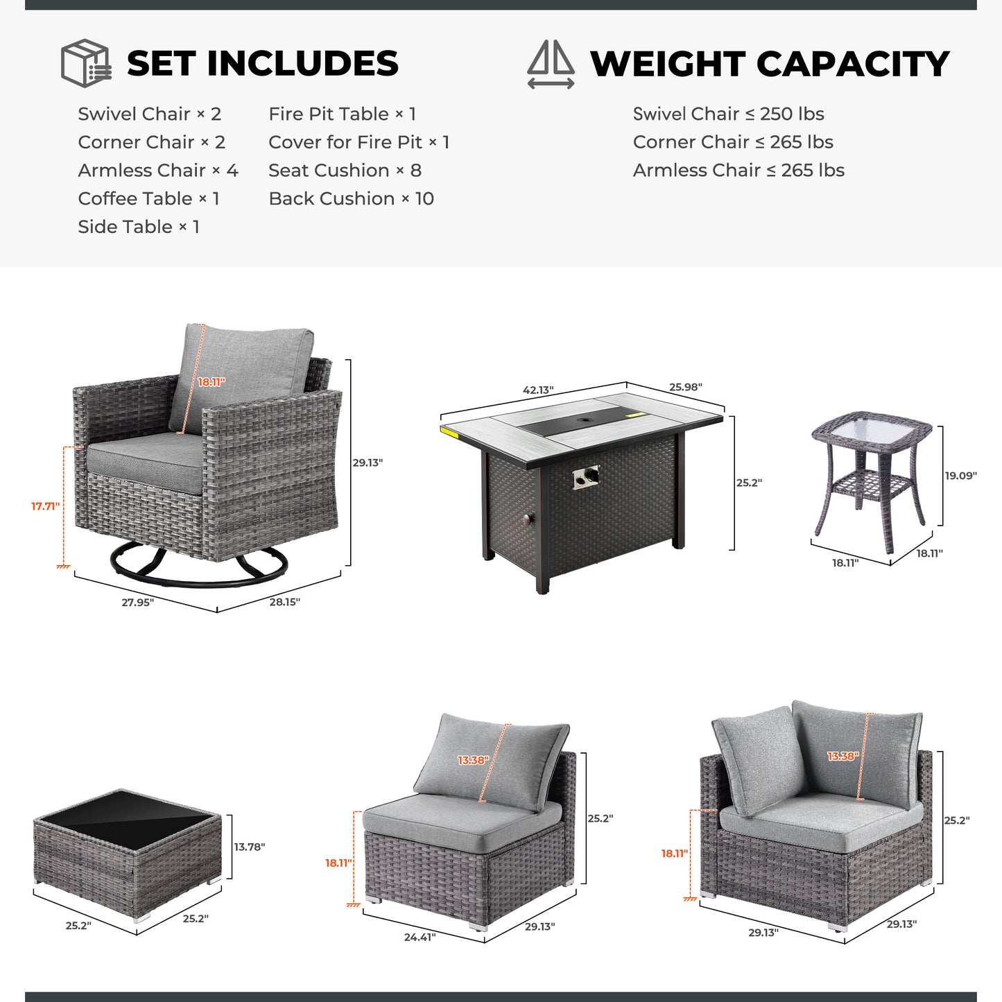 Ovios 11 Pieces Patio Fire Pit Set Outdoor Wicker Sectional Sofa Conversation Set with Swivel Rocking Chairs and Side Table,Dark Gray