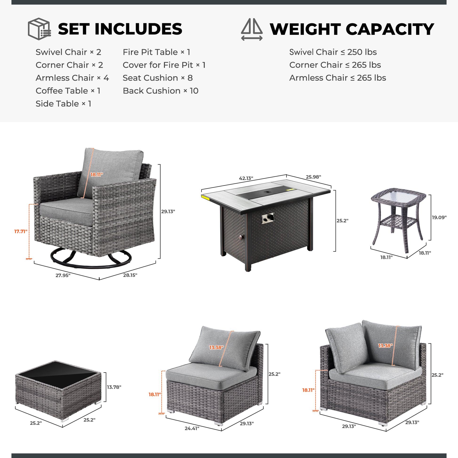 Ovios 11 Pieces Patio Fire Pit Set Outdoor Wicker Sectional Sofa Conversation Set with Swivel Rocking Chairs and Side Table,Dark Gray