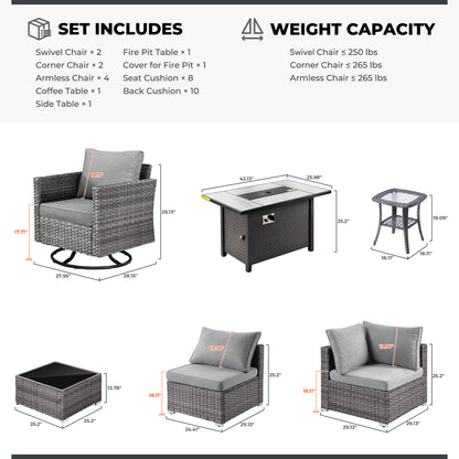 Ovios 11 Pieces Patio Fire Pit Set Outdoor Wicker Sectional Sofa Conversation Set with Swivel Rocking Chairs and Side Table,Dark Gray