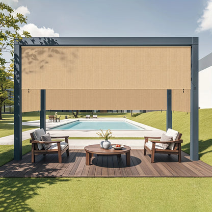 Outdoor Roller Shades - Waterproof Cordless Sun Shade for Patio, Porch & Pergola - 6'x6' & 8'x6' in Mocha/Khaki