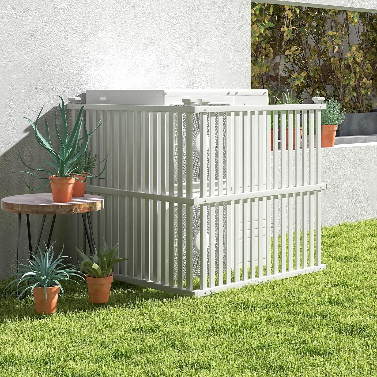 SAZYY 2 Panels Air Conditioner Fence, 45 in. W x 45 in. H Garden Fence, Vinyl Trash Can Pool Equipment Enclosure w/Metal Ground Stakes, Outdoor Privacy Fence Screen for Garden Patio Lawn AC Unit, White