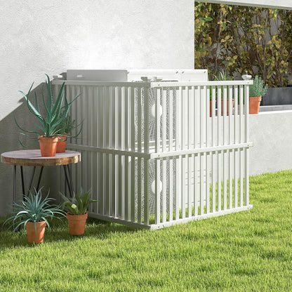 SAZYY 2 Panels Air Conditioner Fence, 45 in. W x 45 in. H Garden Fence, Vinyl Trash Can Pool Equipment Enclosure w/Metal Ground Stakes, Outdoor Privacy Fence Screen for Garden Patio Lawn AC Unit, White