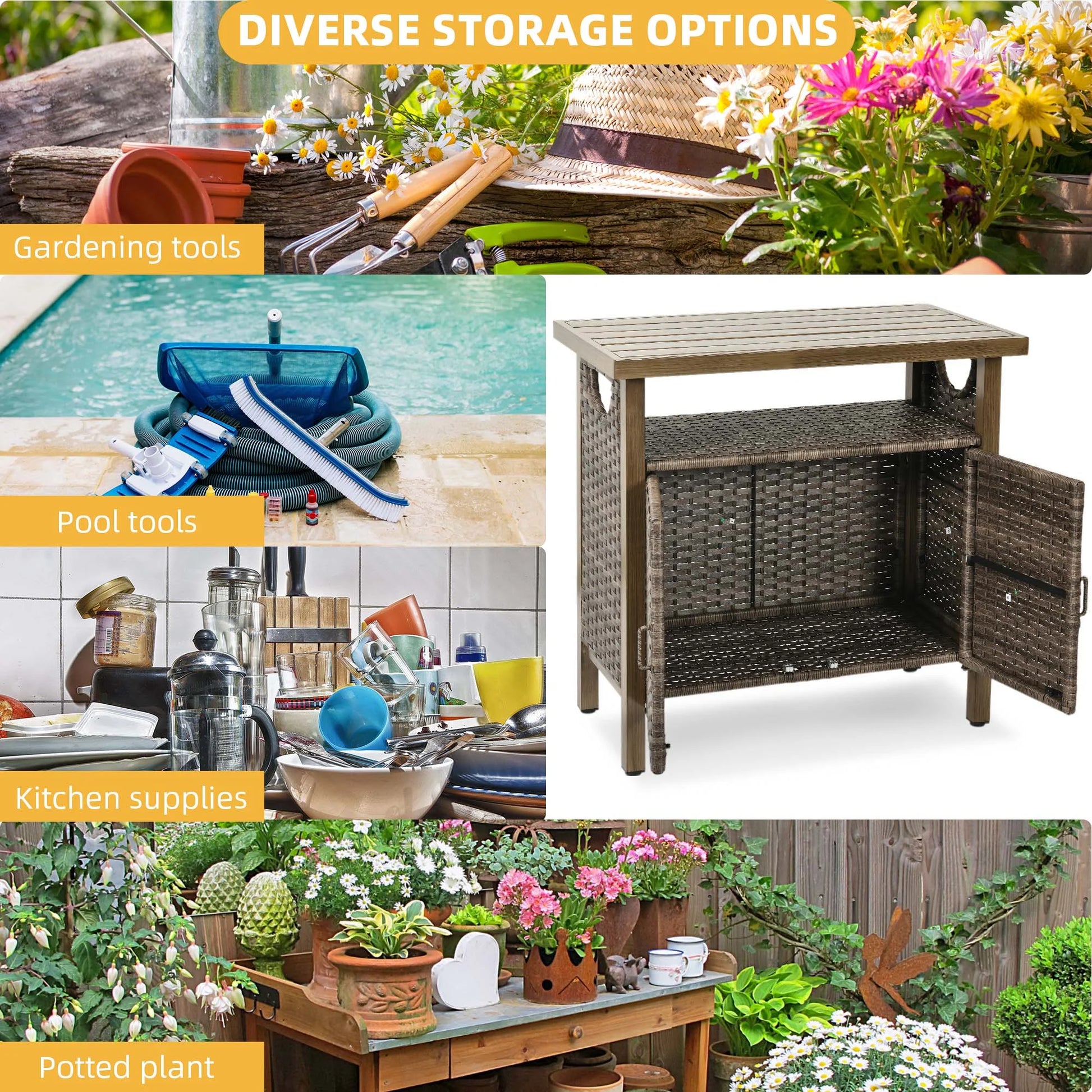 DWVO Outdoor Garden Patio Wicker Storage Cabinet with with 2 Doors and Shelves, Wicker Bar Table, Rattan Counter Table,Deck Box - Brown