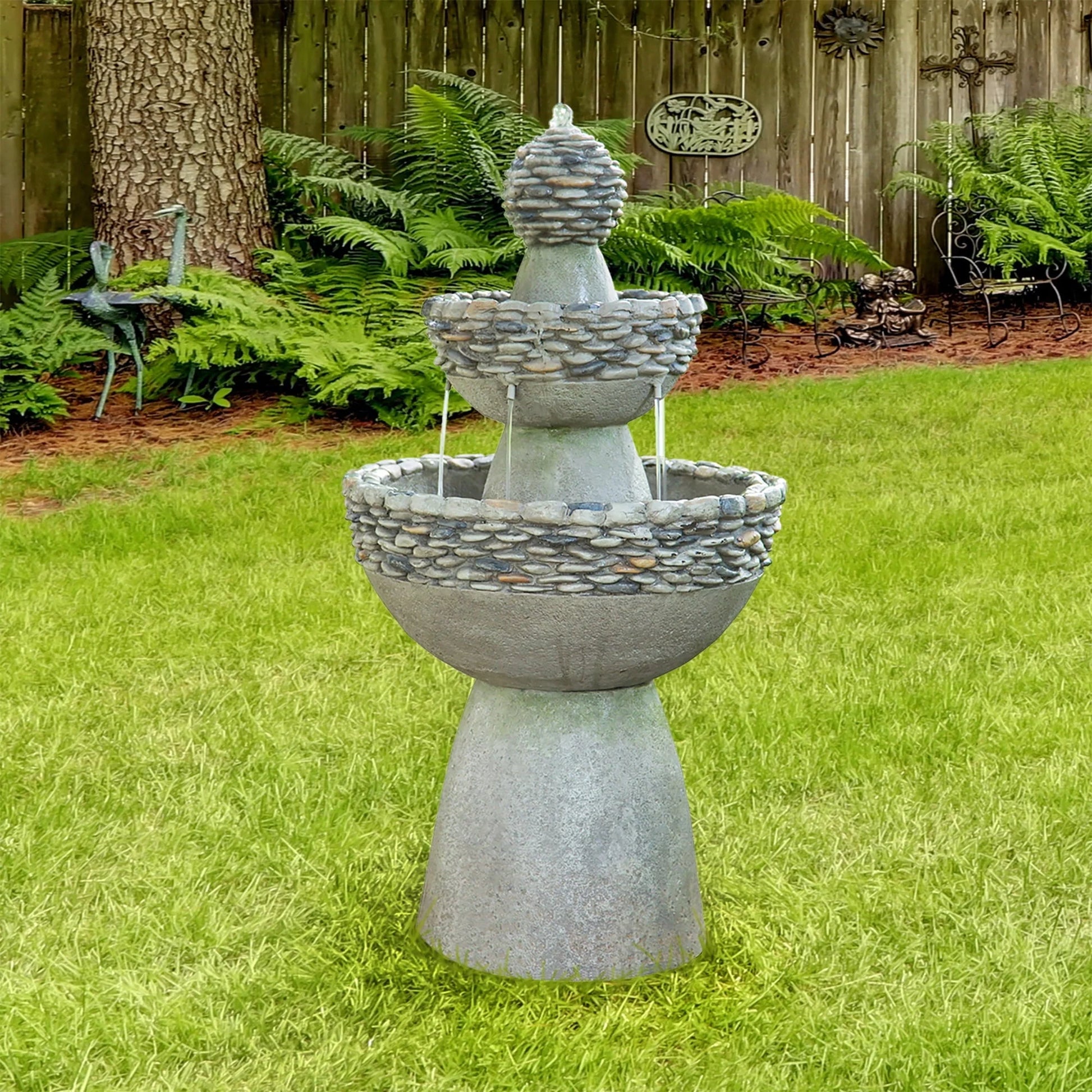 Teamson Home Patios Stone-Look 3-Tier Pedestal Floor Fountain, Gray