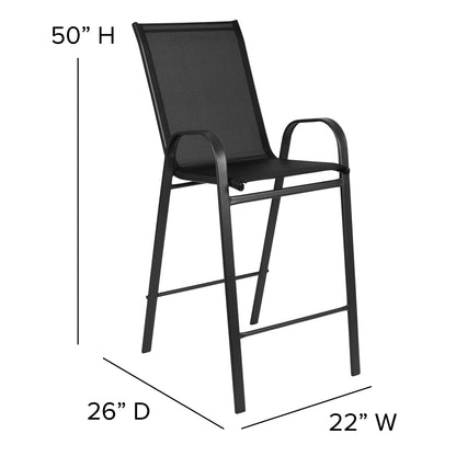 Emma + Oliver 3 Piece Outdoor Bar Height Set-Glass Patio Bar Table-Black All-Weather Barstools