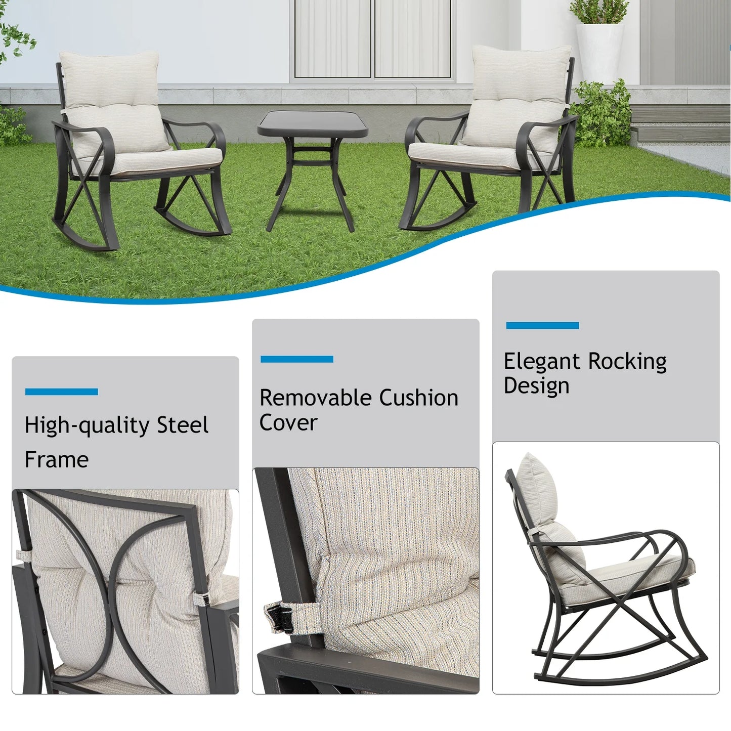 COSIEST 3 Piece Rocking Chair Bistro Set, Patio Outdoor Furniture w Cushions, Glass-Top Table