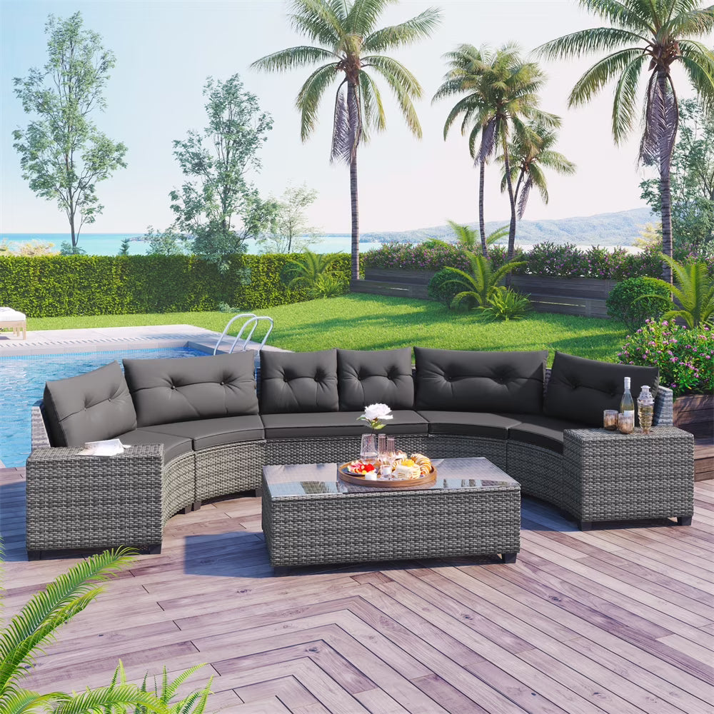 8 Pieces Outdoor Wicker Round Furniture Set, All Weather Half-Moon Sectional Patio Sofa Sets with Rectangular Coffee Table, Beige