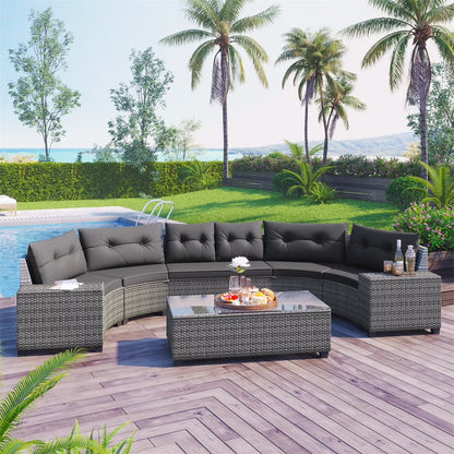 8 Pieces Outdoor Wicker Round Furniture Set, All Weather Half-Moon Sectional Patio Sofa Sets with Rectangular Coffee Table, Beige