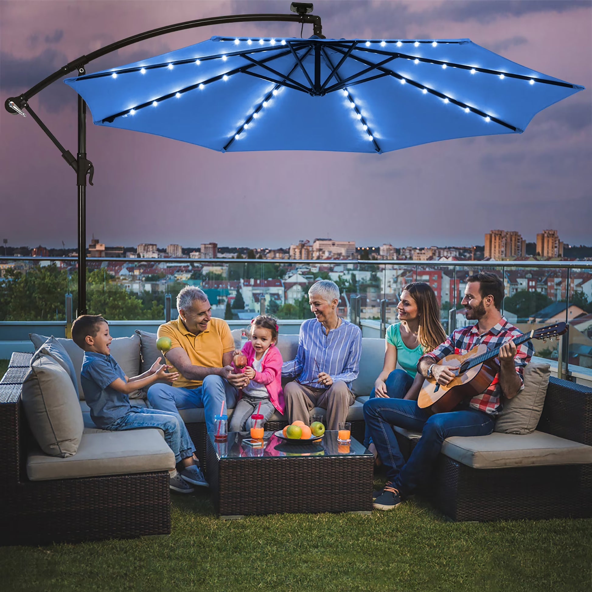 Costway 10 Ft Patio Solar LED Offset Umbrella 40 Lights Crank Base Turquoise