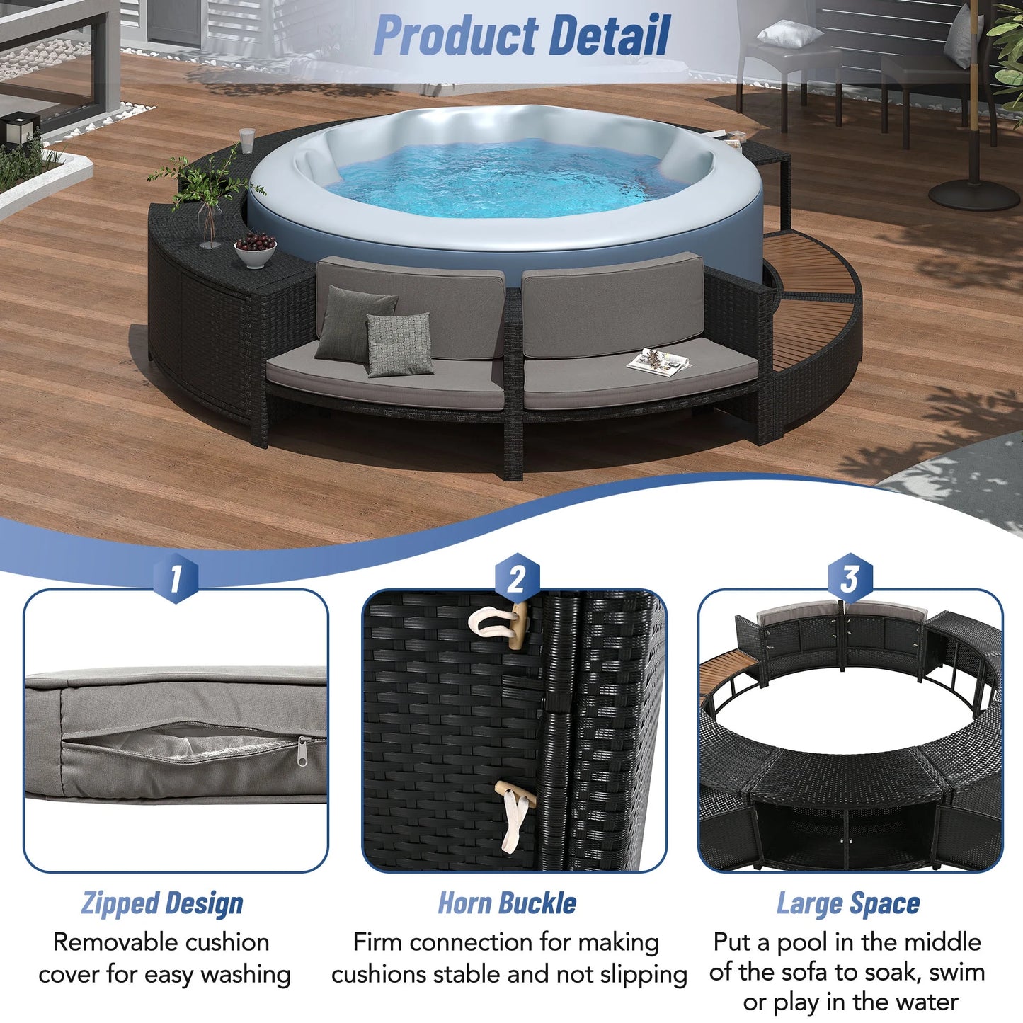 Round Hot Tub Surround Furniture, Spa Surround Outdoor Rattan Sectional Sofa Set with Mini Sofa, Solid Acacia Wood Hot Tub Storage Surround Patio Furniture Set, Gray Cushion