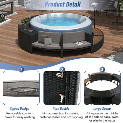 Round Hot Tub Surround Furniture, Spa Surround Outdoor Rattan Sectional Sofa Set with Mini Sofa, Solid Acacia Wood Hot Tub Storage Surround Patio Furniture Set, Gray Cushion