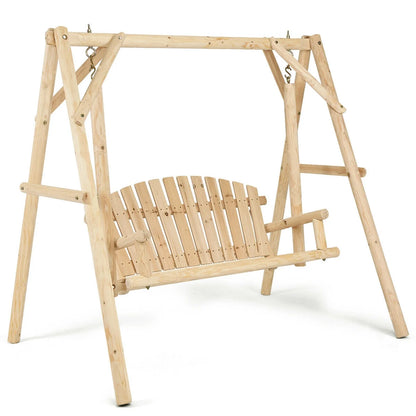 Gymax Wooden Porch Swing Outdoor Patio Rustic Torched Log Curved Back Bench A-Frame