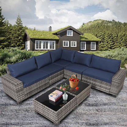 HISUKOY 7-Piece Modular Outdoor Sectional Wicker Patio Conversation Set,Outdoor Couch,All Weather Patio Conversation Sets with Washable Cushions and Glass Table, Rattan Wicker Couch for Garden
