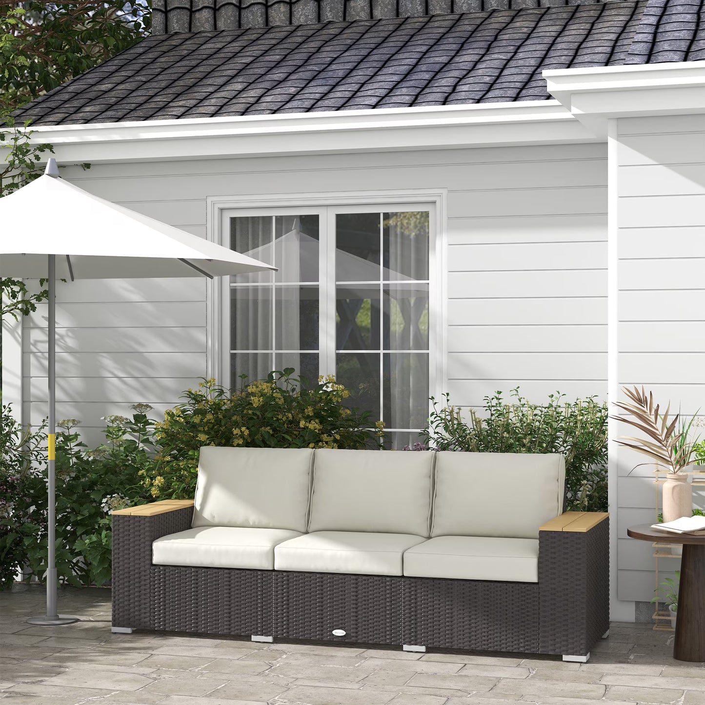 Outsunny Thick Cushioned 3-Seater Outdoor Sofa, Wood Grain Wide Armrests, Patio Couch, Beige